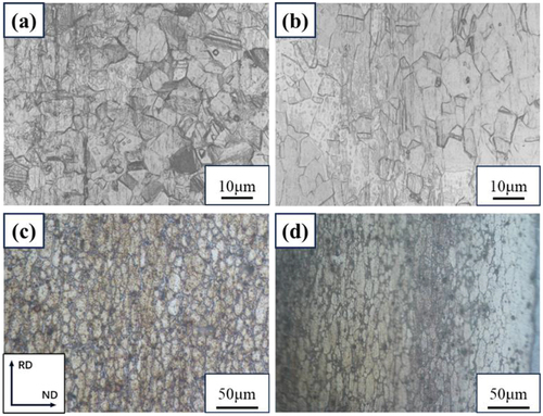 Figure 6. (a) 316 L initial microstructure, (b) 316 L hot pressed after 32% reduction rate, (c) 6161 initial micro structure, (d) 6061 hot pressed after 32% reduction rate.