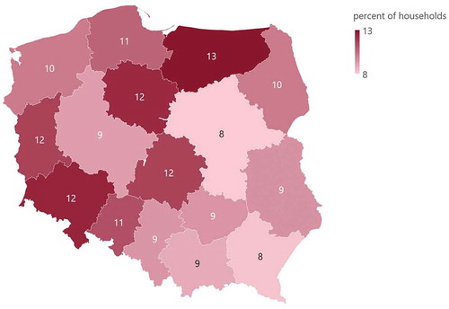 Map 1. Multidimensional energy poverty rate by NUTS2 regions in Poland (percent of households).