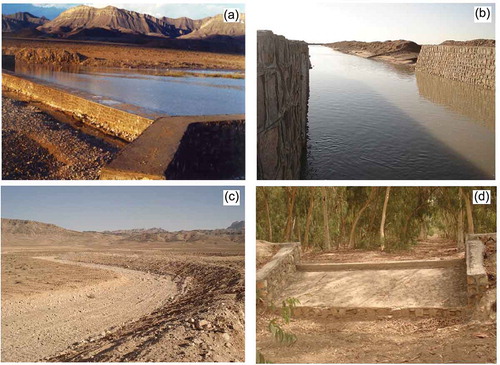 Fig. 4 Hydraulic components of the floodwater spreading system: (a) diversion dam, (b) conveyance channel, (c) spreader/conveyor spreader channel, and (d) water gateway.