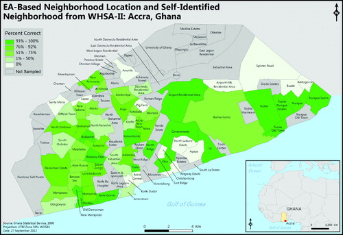 Figure 2. Map of Enumeration Area-based location and percent correct of self-identified neighborhood from the Women's Health Survey of Accra II data. Data were stratified using natural breaks.