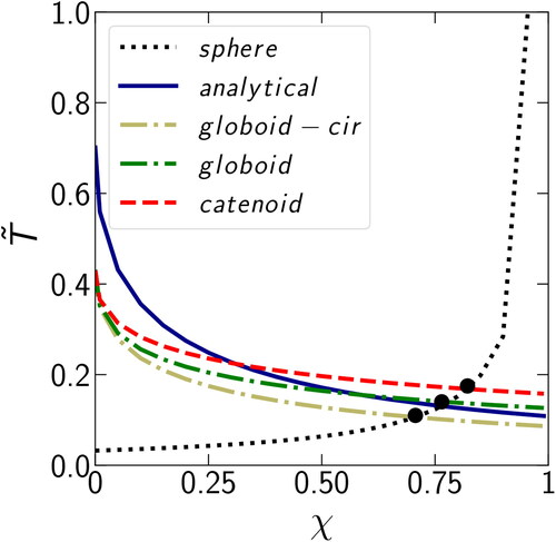 Figure 9. The condensation time T˜ as a function of the parameter χ (at N˜=0.2) for condensation in the gap between two monomers and on the sphere. A scenario of condensation in the gap is illustrated using different approximations: analytical (a cylinder with circular curvature), globoid (with circular curvature), globoid, and catenoid.