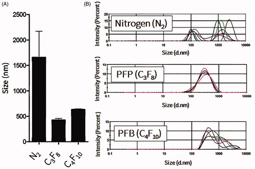 Figure 1. Measurements of nanobubbles (NBs) with different gases. C3F8 is perfluoropropane gas, C4F10 is perfluorobutane gas and N2 is nitrogen gas. (A) Mean bubble size (n = 3; mean ± SEM). (B) Size distribution histograms.