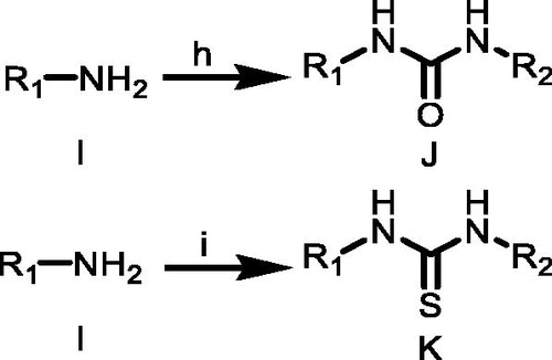 Scheme 3. (h) G, CH3CN, TEA, rt; (i) E, CH3CN, TEA, rt. R1 = 4-(trifluoromethyl)phenyl)/(3-chloro-4-methylphenyl); R2 = mesitylene/4-(trifluoromethyl)phenyl)/(1,1′-biphenyl)/(3s,5s,7s)-adamantan-1-yl)/(4-phenoxyphenyl).
