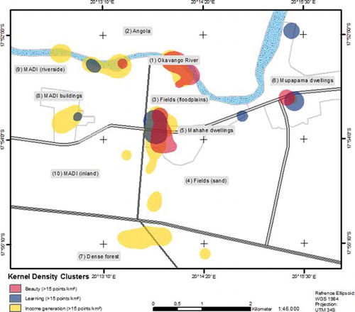 Figure 2 Kernel Density clusters for the services beauty, learning, and income generation (scale 1: 46,000; cell size 50 m, search radius 300 m).