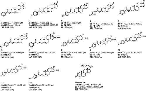 Figure 1.  Steroidal structures and effect of different dehydroepiandrosterone derivatives on the activity of 5α-R enzyme type 1 and 2 (5α-R): 1–12. The IC50 values indicate the required concentration of the novel steroids for the inhibition of 50% of the activity of 5α-R1 and 5α-R2. This figure shows also the relative binding affinity (RBA) of these derivatives to the androgen receptor (AR). The following abbreviations were used: NA, non active compound.