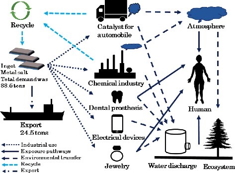 Figure 2. Material flows of Pd and possible exposure to the public in Japan.