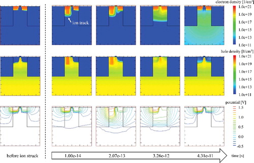 Figure 3. Time evolution of electron density, hole density and potential for drain-node struck by ion with a track length of 0.1 μm. The potential is distorted along with the ion track, and reverts to normal at 43.1 ps. At 0.207 ps, electrons are pulled out from the source node to the substrate side.