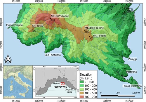 Figure 1. Geographic setting with altitude sketch map of Mt. di Portofino.