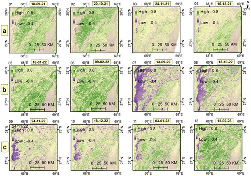 Figure 3. A Comparison of MSAVI across different dates in the period of a) 2021, b) 2022, and c) 2023.