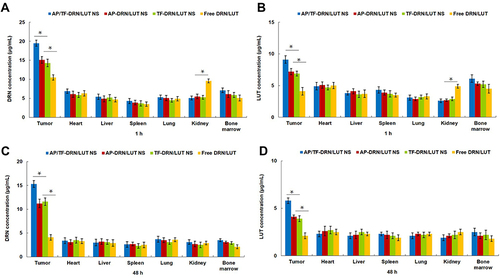 Figure 5 In vivo Drn (A and C) and Lut (B and D) distribution in tissue after 1 h (A and B) and 48 h (C and D) of drug administration. *P<0.05.