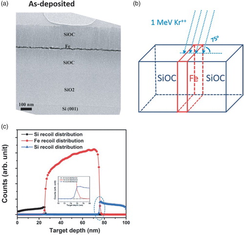 Figure 1. (a) A typical cross-sectional TEM image of the marker sample. (b) A schematic of how the incident Kr beam interacts with the marker sample. (c) SRIM-simulated Si and Fe recoil distribution profiles at the two Fe/SiOC interfaces by using the detailed calculation with full damage cascades option.