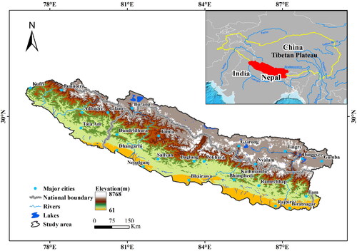 Figure 1. Topography map and location of the central Himalayas (the digital boundary of the GRB from (Nie et al. Citation2017) and Tibetan Plateau from (Zhang et al. Citation2021).