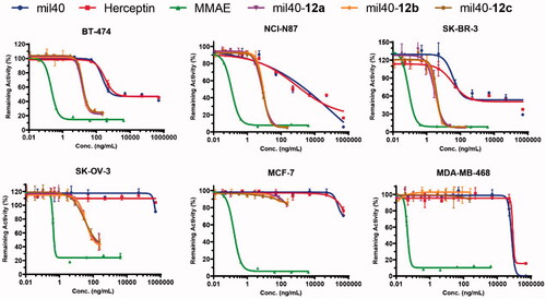 Figure 4. In vitro cytotoxicity test of the maleamic methyl ester-based ADCs. The tumor cell lines BT-474, SK-OV-3, SK-BR-3, and NCI-N87 are HER2+, and the tumor cell lines MCF-7 and MDA-MB-468 are HER2–. Three wells were established for each group, and the results are shown as the means ± SD (n = 3/group).