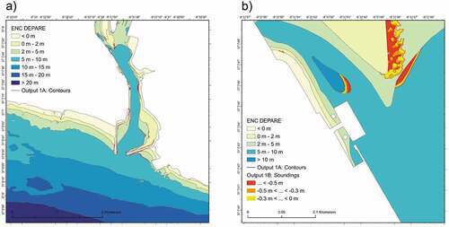 Figure 9. Analysis of depth contours. This comparison identifies (in red) the survey depth contours that fall a) outside (seawards) the corresponding ENC DEPARE and b) the magnitude of the depth differences related to those discrepancies.