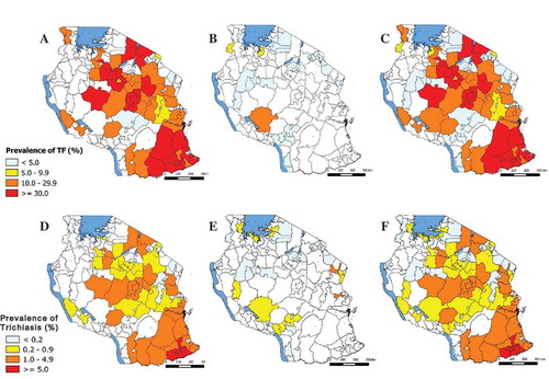 Figure 2. Prevalence of trachomatous inflammation–follicular (TF) in children aged 1–9 years and trichiasis in people aged 15 years and older, Tanzania, 2012–2014. (A) TF prevalence 2004–2006 surveys; (B) TF prevalence 2012–2014 surveys; (C) TF prevalence 2004–2014 surveys; (D) Trichiasis prevalence 2004–2006 surveys; (E) Trichiasis prevalence 2012–2014 surveys; (F) Trichiasis prevalence 2004–2014 surveys.