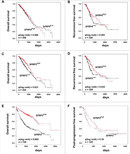 Figure 2. Univariate Kaplan-Meier survival analysis of SFRP3 mRNA expression suggesting a favorable OS and RFS in adenocarcinoma patients. (A) and (B) Kaplan-Meier survival analysis based on the TCGA human lung dataset exhibiting no significantly improved clinical overall survival (OS) and recurrence free survival (RFS) in adenocarcinoma patients with higher SFRP4 mRNA expression. (C) and (D) Abundant SFRP3 mRNA expression promotes a significantly improved OS and RFS for adenocarcinoma patients. Red line: higher SFRP3 mRNA expression (median > 272.11); black line: moderate SFRP3 expression (median ≤ 272.11). Vertical lines: censored cases. (E) and (F) Univariate survival analysis based on the Kaplan-Meier-Plotter software supporting improved OS for adenocarcinoma patients with high SFRP3 mRNA expression but no prognostic impact for post-progression free survival (cutoff value > 530).