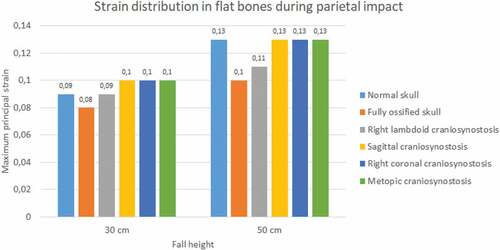 Figure 12. The maximum principal strain in flat bones during parietal impact from 30 and 50 cm falls with different degrees of ossification in the sutures