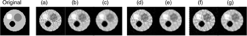 Figure 15. Reconstructions with 2% random-noise projections and median filter. Notes: (a–c) planar MEM β = 0 without and with non-linear median filter applied (one pass) and (two pass), (d–e) using Equation (4) and optimum β without and with one pass median filter, (f–g) using Equation (5) and optimum β without and with one pass median filter.