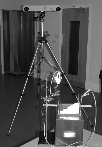 Figure 2. Experimental set-up showing Polaris camera, phantom model and clamped pointer trial.
