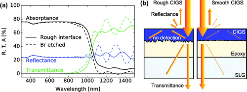 Figure 5. (a) Reflectance, transmittance, and absorptance spectra of a SLG/epoxy/CIGS multilayer without (continuous lines) and with (dashed lines) chemical wet Br polishing (GGI 0.29, CGI 0.82). The horizontal shift in the absorptance curve is caused by the reduced thickness: the absorption curve α is essentially unchanged. (b) Schematics of the apparent light absorption caused by the light scattering, internal reflections, and trapping in the layer, for rough and smooth CIGS surfaces.