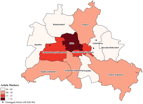 Figure 2 Geotagged article density in German edition (N = 3,741). Note: Local population data from Amt für Statistik Berlin Brandenburg (Citation2018).