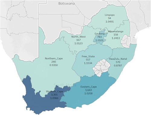 Figure 2. Provincial map of South Africa, RPR and deaths per 100,000.