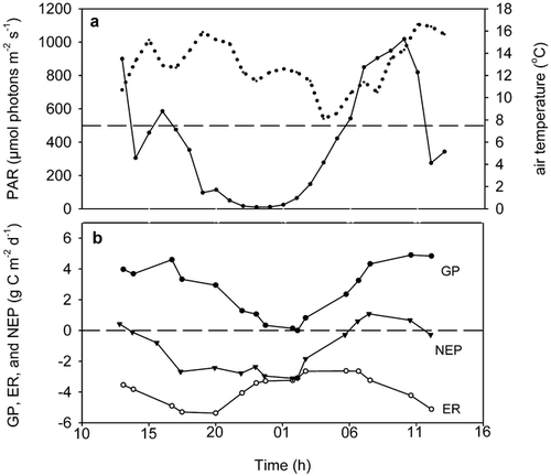 FIGURE 1. (a) Photosynthetically active radiation (PAR, solid line) and air temperature (dotted line) during the flux measurements in 1998. (b) Gross ecosystem production (GP), ecosystem respiration (ER), and net ecosystem production (NEP) at control plots in 1998. The points on the curves are calculated as running means of three consecutive measurements during the three cycles of the diurnal measurement. They are only used for illustration of the change in fluxes and not for other calculations. The broken lines show the approximate light compensation point and the zero-line for carbon flux in a and b, respectively