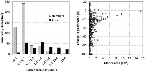 FIGURE 5. (a) Numbers and area distribution of the GIC 1st for different glacier area classes. (b) Relative changes in area plot against glacier area for 423 investigated glaciers in the LRB.