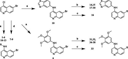 Scheme 1. Synthesis of 4-aminoquinoline-based derivatives. Reagents and conditions: (a) 6-bromo-4-chloroquinoline, amines, tert-butanol, 80 °C, 4 h; (b) boronic acids or boronic esters, Pd(PPh3)4, Na2CO3, H2O, 1,4-dioxane, 80 °C, 8 h; (c) 2-pyridineboronic acid, Pd(OAc)2, DPPF, Cs2CO3, CuCl, DMF, 80 °C, 12 h; (d) 6-bromo-4-chloroquinoline, amines, NaH, DMF, 0–40 °C.