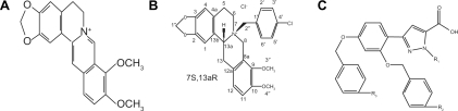 Figure 1 The chemical structure of berberine (A) CPU86017 (p-benzyl-tetra-hydro-berberine) containing the two chiral centers (B) and CPU0213 a dual endothelin receptor antagonist (C).