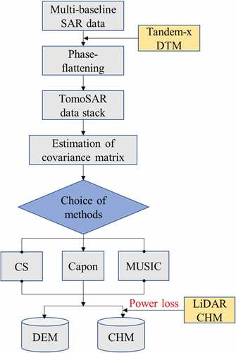 Figure 5. The flowchart of forest height and underlying topography estimation using TomoSAR.