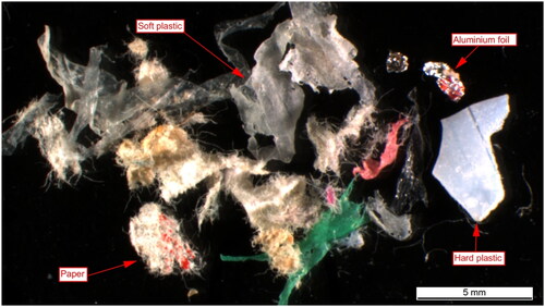 Figure 1. Packaging material residues collected by a microscopist from a sample of former food products intended for animal feed.
