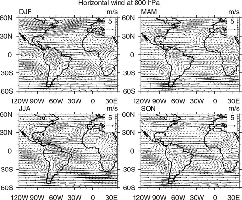 Fig. 10 Horizontal wind vector (m s−1) seasonal maps at 800 hPa from ECMWF ERA-Interim Global Reanalysis at 0.25°×0.25° resolution based on 2008–2012 data.