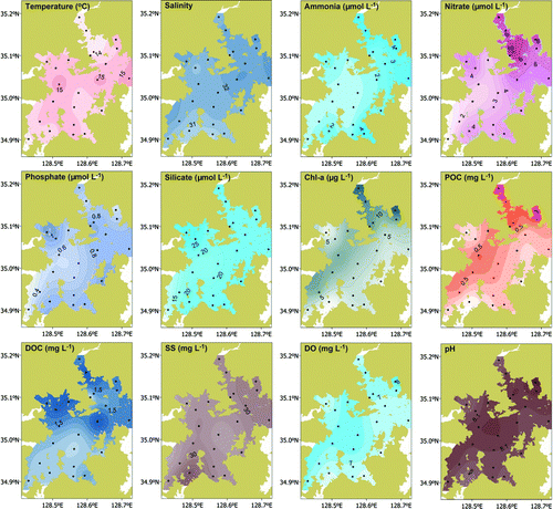 Figure 5  Spatial distributions of temperature, salinity, ammonia, nitrate, phosphate, silicate, chlorophyll a, POC, DOC, SS, DO and pH in the surface waters of Jinhae Bay in autumn.