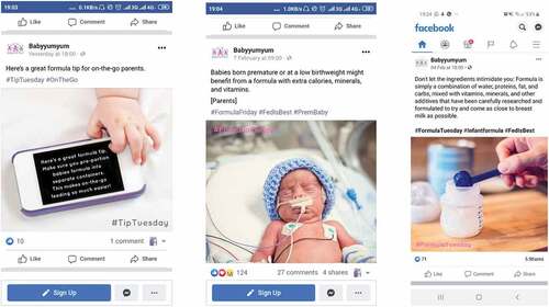 Figure 4. Examples of a Facebook page sharing information and content on formula feeding (Mother of an 8-month-old infant, Cape Town, MD-C3; Mother of a 15-month-old child, Johannesburg, MD-J1).