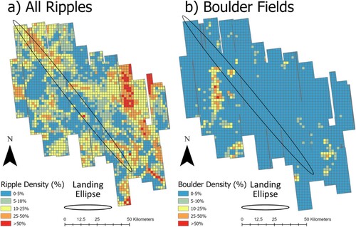 Figure 5. Dispersed feature density map for (a) all ripple classes and (b) all boulder fields. An indicative landing ellipse for the ExoMars rover mission is overlain on all maps. This landing ellipse describes a 2022 launch opportunity and will differ from the eventual ExoMars landing ellipse. Map centred on 18.1°N 24.2°W.