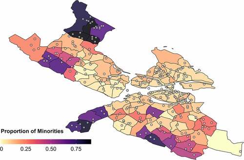 Figure 1. Proportion of minority group students in residential neighborhoods (SAMS). The points represent approximate location of schools. The darker colors indicate neighborhoods with a higher proportion of minority (immigrant origin) students in 2017.