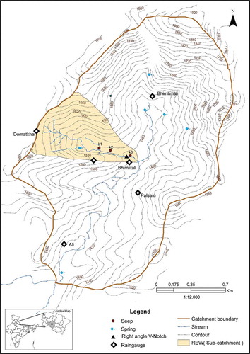 Figure 1. Map of the Dugar Gad headwater catchments showing the locations of raingauges and stream gauging sites, as well as the investigated spring and seeps (K1, K2 and K3) within the representative elementary watershed (REW).