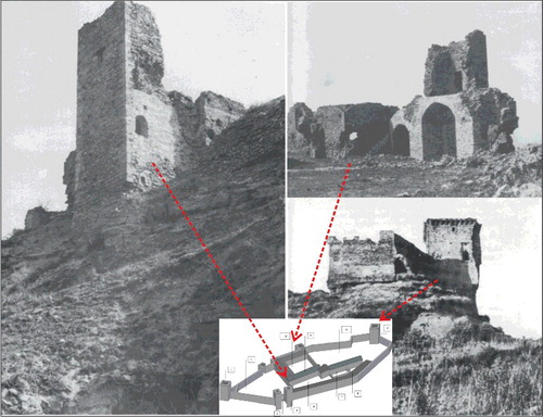 Figure 9. Old repertory images of the three towers collapsed presumably in March 1973 in a photo of the 1960s. Arrows indicate their position in the reconstruction of Figure 7.