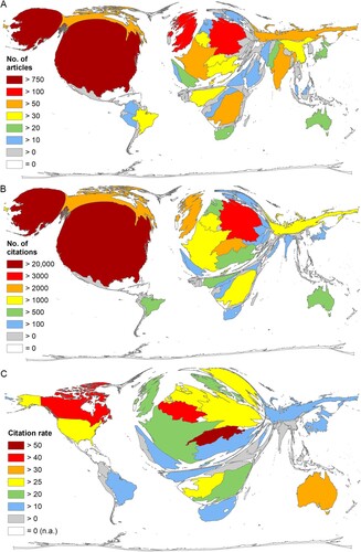 Figure 2. Publication output of countries. (A) Number of publications. (B) Number of citations. (C) Citation rate (threshold = 10 publications on mpox).