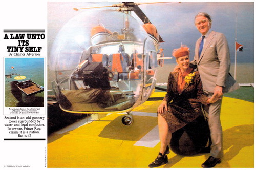 Roy Bates and his Wife Joan on Sealand. In Charles Alverson, “A Law unto its Tiny Self,” Sunday Telegraph Magazine, October 1980. Source: Public domain.