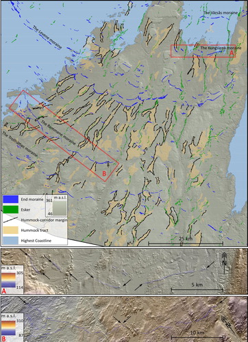 Figure 3. Map showing topography, water level at the highest coastline (a time-transgressive surface), hummock tracts, hummock-corridor margins, eskers, and end moraines in the southern part of the map area. Note that end moraines are lobate where they were formed above the highest shoreline, but their shape is much straighter where submerged. The highest paleocoastline is at c. 115 m above the present sea level in the southwestern part of the figure, c. 120 m a.s.l. in the northwestern parts, and c. 145 m a.s.l. inside the glacial Lake Tidan (see also Figure 1(B)). Insets show end moraines that mark the (A) Kungslena and (B) Remmene ice-margin positions. Black arrows point at the ends of the most prominent sections. The mapped end moraines are also coloured with a transparent blue colour. The extent of the figures is displayed in Figure 1(B).