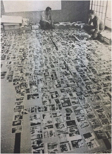 Figure 9. Photographer unknown, ‘Tefuda purinto kara senbetsu sagyō (yaku 2,000 mai)’ (The work of selecting from postcard prints [of the originals] (about 2,000 sheets)), 1975. Photomechanical print. In Ishibashi Tatsuo, Kinoshita Akira, Sekiya Isao, Hanabusa Shinzo, Matsumoto Norihiko and Watanabe Yoshio, ‘Ōdzume ni kita hensan no sagyō’ (The work of the curators has finally come to an end), Nihon shashinka kyōkai kaihō (Japan Professional Photographers Society Newsletter), no. 41 (1975), 23. With permission of the Japan Professional Photographers Society.