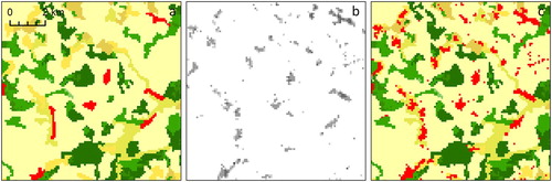 Figure 6. Refining the urban fabric using European Settlement Map. The grey shade in box b. represents building density level (values above 5% were included). Legend for boxes a and c is provided in Figure 2(a).