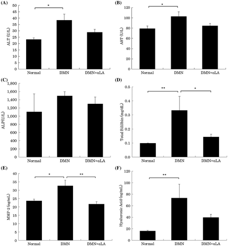 Fig. 2. Effect of αLA on ALT (A), AST (B), ALP (C), total bililbin (D), MMP-2 (E), and hyaluronic acid (F) levels in plasma of DMN-treated rats.