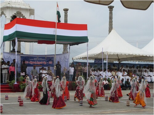 Figure 3. Puducherry’s Liberation Day celebrations in many respects emulate the format (if not the scale) of India’s grander Independence Day celebrations. Here the Chief Minister of Puducherry and other dignitaries preside over a cultural performance which is part of the programme. Photo by the author, 2017.