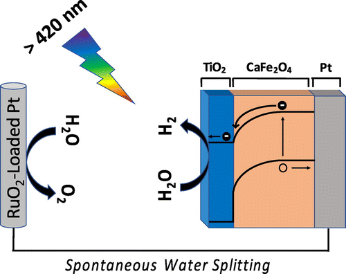 Figure 11. Schematic of a photoelectrochemical cell consisting of TiO2-coated/CaFe2O4 in series with RuO2-Loaded Pt. This cell split water spontaneously without an applied bias under visible light illumination. The cell was designed and optimized using wxAMPS simulations.