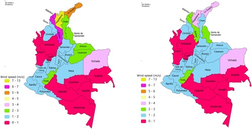 Figure 7. Average speed wind map from Colombia in February (left) and October (right) (m/s).