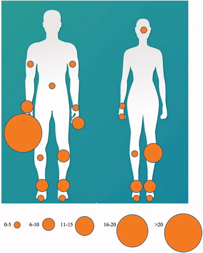 Figure 4. Location of bites for women and men. Circle size is proportional to the number of bites at that site.