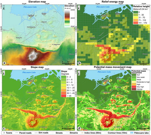 Figure 4. Thematic maps of the study area: (a) Elevation, represented by stretch values along a color ramp, four standard deviations types, (b) Relief energy, grid of 200 × 200 meters, (c) Slope and (d) Potential mass movement.